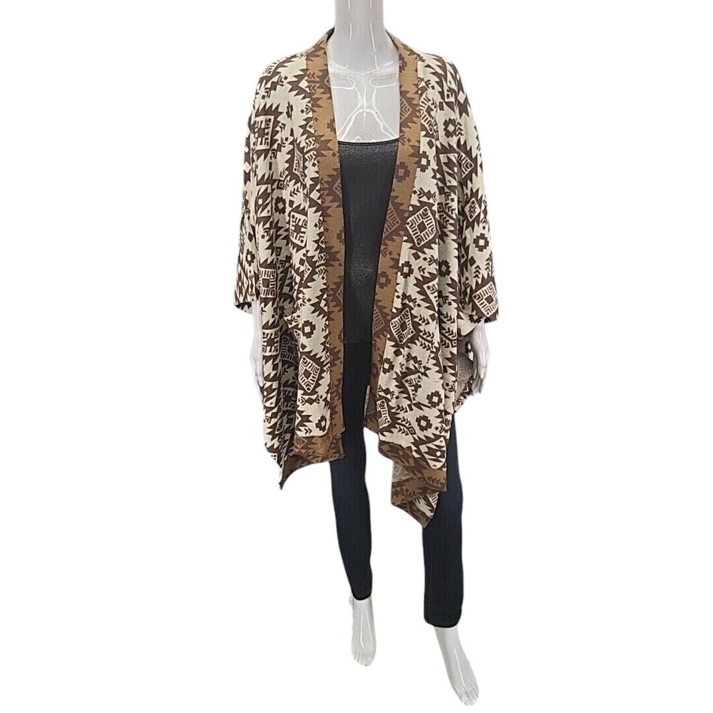 Denim & Co Womens Printed Jacquard Open Front Poncho Cardigan Plus One Size
